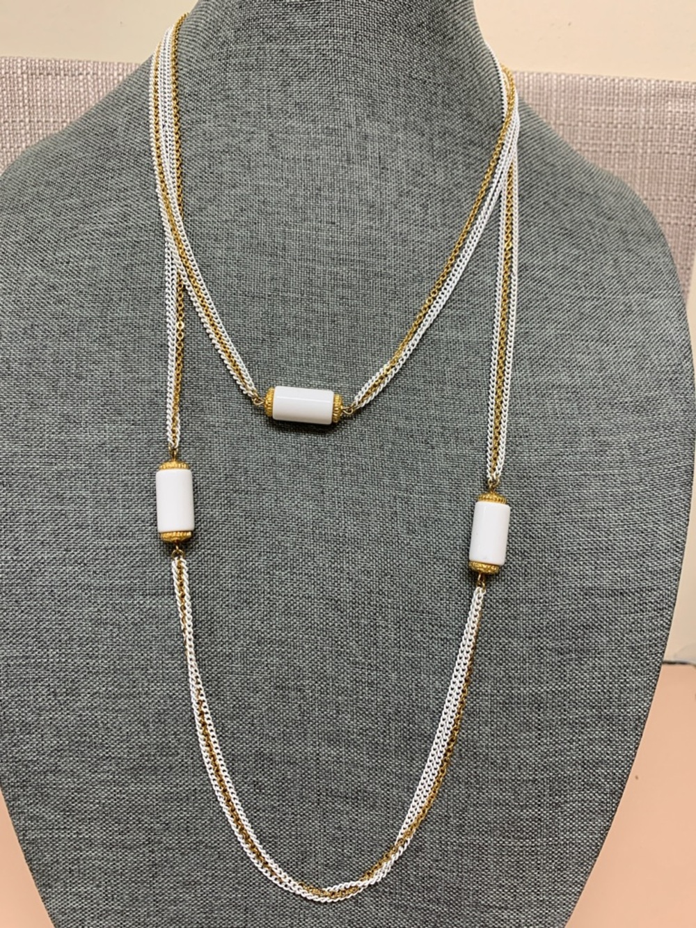 MONET White and Gold tone 3 strand 54” chain with Faux White Coral Details